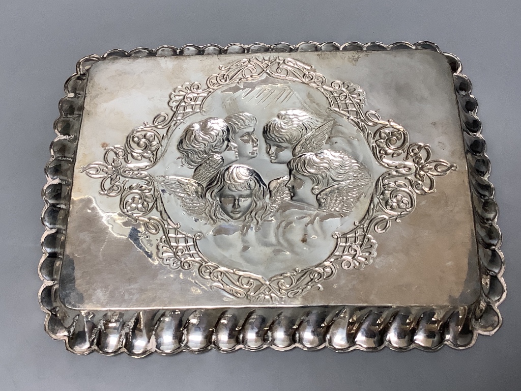 An Edwardian repousse silver dressing table tray with Reynold's Angels decoration, Birmingham, 1905